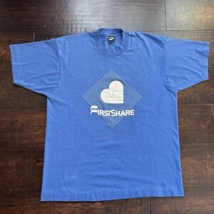 Vintage 80's First Share Bank Shirt Blue Single stitch Made In USA Screenstars